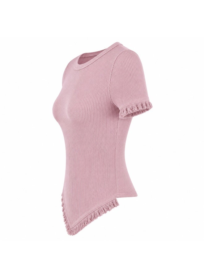 Dusty Pink Ribbed Knit Short Sleeve Top with Fringe V-Hem - Image 3