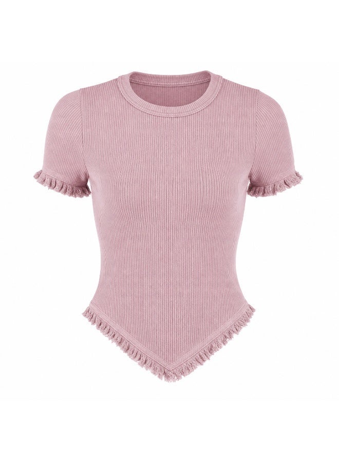 Dusty Pink Ribbed Knit Short Sleeve Top with Fringe V-Hem - Image 1