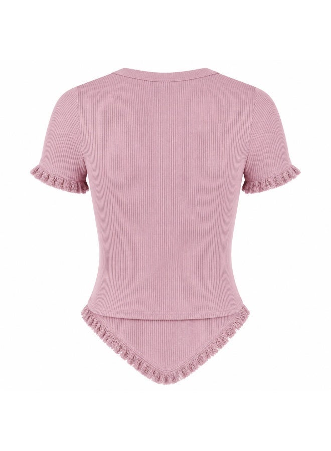 Dusty Pink Ribbed Knit Short Sleeve Top with Fringe V-Hem - Image 2