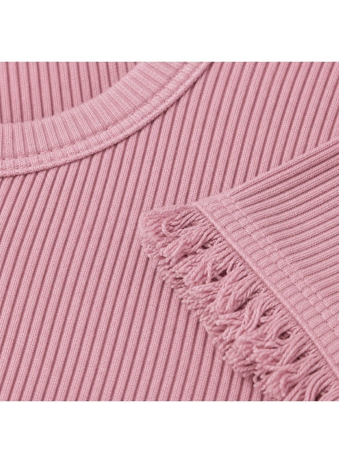 Dusty Pink Ribbed Knit Short Sleeve Top with Fringe V-Hem - Image 5