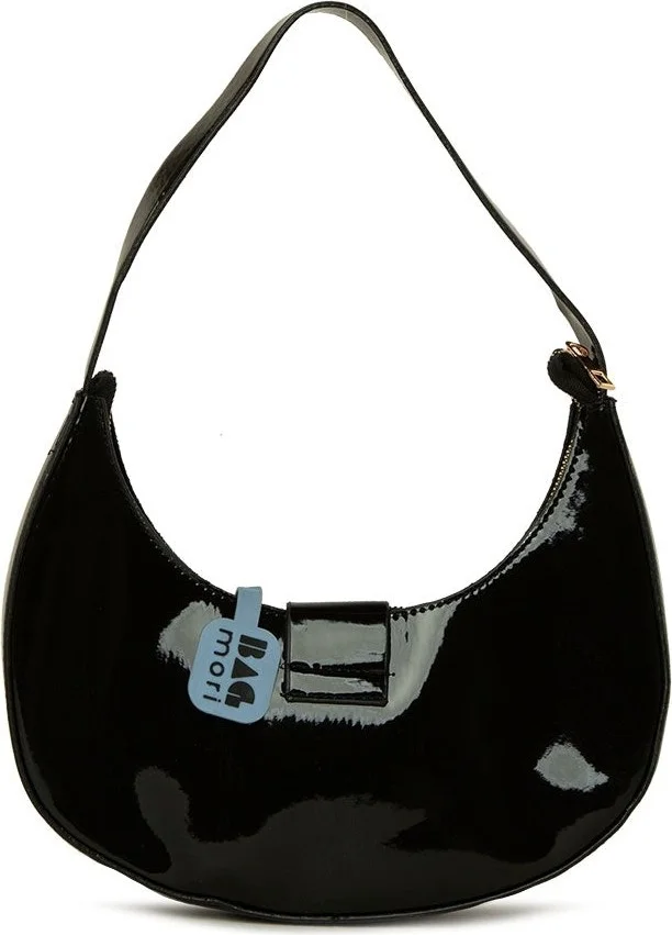 Bagmori Black Oval Accessory Oval Patent Leather Baguette