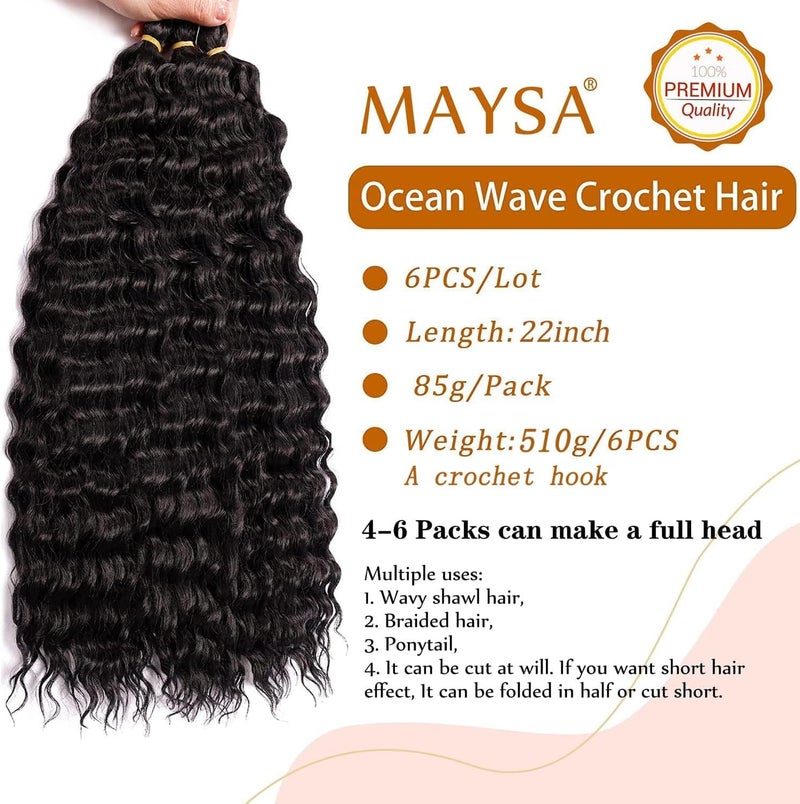 MAYSA Ocean Wave Crochet Hair 22inch Curly Crochet Hair Extensions 6Packs Soft Synthetic Wavy Crochet Hair Extensions for Women #2 Dark Brown - Image 2