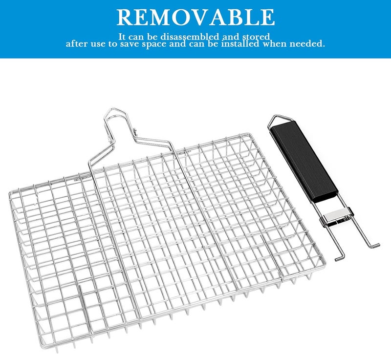 Linkidea Square Portable BBQ Grill Basket, Stainless Steel Fish Barbecue Accessories with Removable Secure Locking Handle, Picnic Grill Rack for Outdoor Cooking Vegetables Fishes Shrimp - Image 3