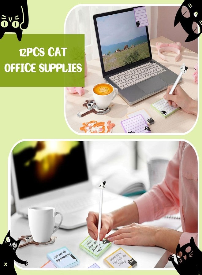 YooNotee 12 Pcs Cat Office Supplies Included 6 Pcs Kawaii Pens, 0.5 mm Black Ink Writing Pens, 6 Pads Sticky Notes, 3 x 3 Inch Cute Self Stick Office School Supplies Gifts for Cat Lovers - Image 5