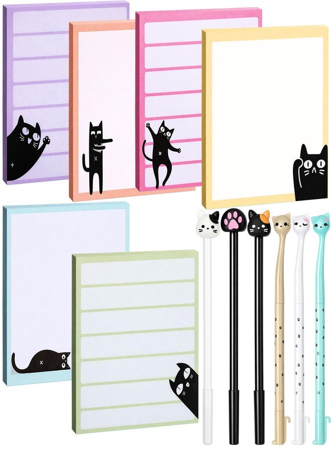YooNotee 12 Pcs Cat Office Supplies Included 6 Pcs Kawaii Pens, 0.5 mm Black Ink Writing Pens, 6 Pads Sticky Notes, 3 x 3 Inch Cute Self Stick Office School Supplies Gifts for Cat Lovers - Image 1