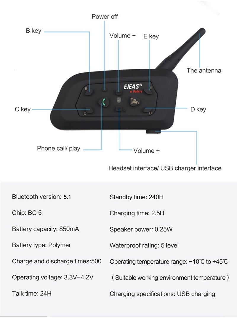 EJEAS - V6 PRO Bluetooth Motorcycle Helmet Intercom Headset with 1200M BT Interphone Communicator for 6 Riders Waterproof - Image 1
