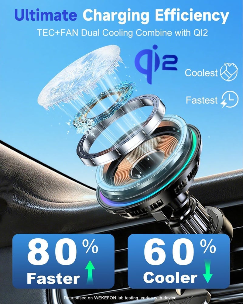 WEKEFON 2026 Upgraded TEC & Fan Cooling Magnetic Wireless Car Charger, For Qi2 15W Magsafe Car Mount Charger, Air Vent Dashboard Fast Charging Car Phone Holder for iPhone 17/16/15/14/13/12, Samsung ï¼† Pixel - Image 2