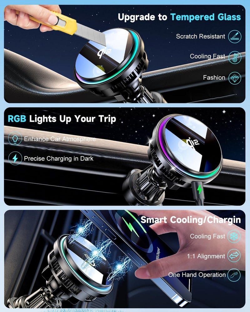WEKEFON 2026 Upgraded TEC & Fan Cooling Magnetic Wireless Car Charger, For Qi2 15W Magsafe Car Mount Charger, Air Vent Dashboard Fast Charging Car Phone Holder for iPhone 17/16/15/14/13/12, Samsung ï¼† Pixel - Image 5