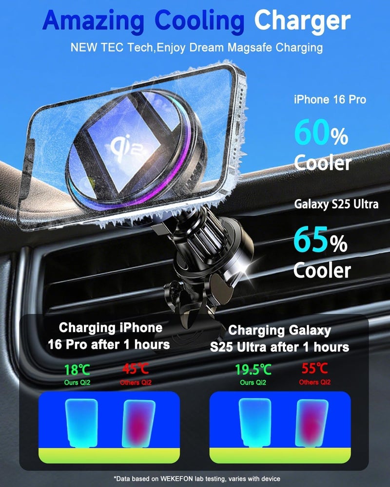 WEKEFON 2026 Upgraded TEC & Fan Cooling Magnetic Wireless Car Charger, For Qi2 15W Magsafe Car Mount Charger, Air Vent Dashboard Fast Charging Car Phone Holder for iPhone 17/16/15/14/13/12, Samsung ï¼† Pixel - Image 4