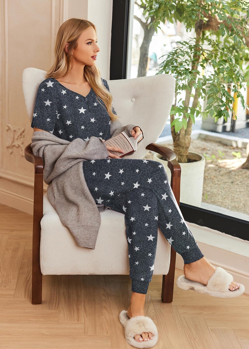 Ekouaer Pajamas for Women Set 2 Piece Lounge Set Short Sleeve Pjs Joggers Long Pants Sleepwear with Pockets - Image 3