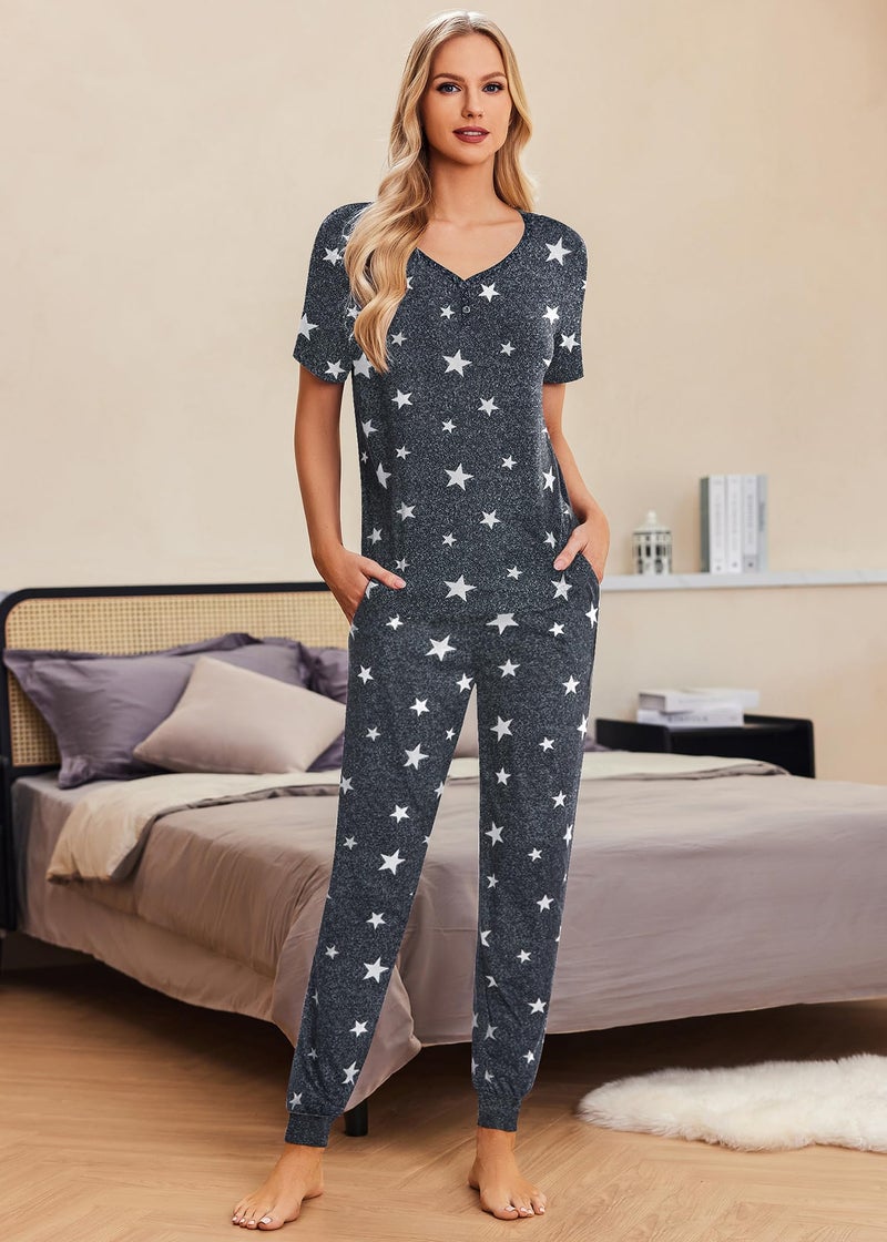 Ekouaer Pajamas for Women Set 2 Piece Lounge Set Short Sleeve Pjs Joggers Long Pants Sleepwear with Pockets - Image 4