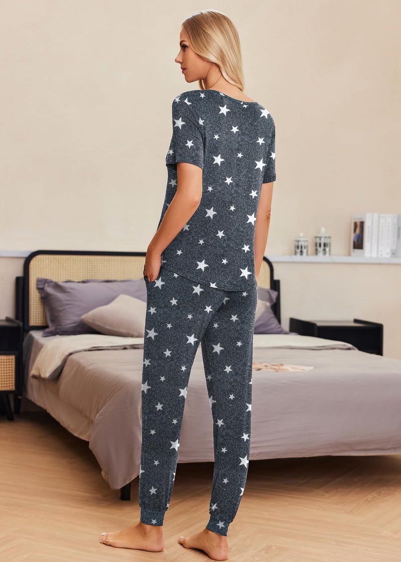 Ekouaer Pajamas for Women Set 2 Piece Lounge Set Short Sleeve Pjs Joggers Long Pants Sleepwear with Pockets - Image 5