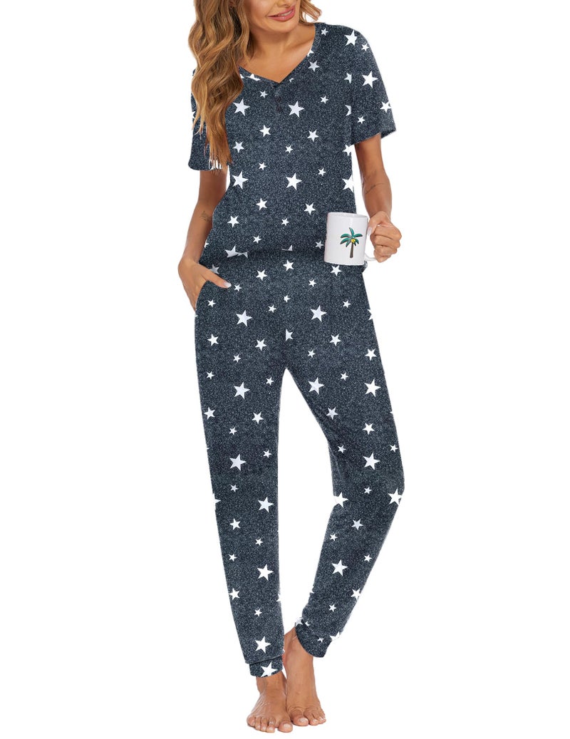 Ekouaer Pajamas for Women Set 2 Piece Lounge Set Short Sleeve Pjs Joggers Long Pants Sleepwear with Pockets - Image 1