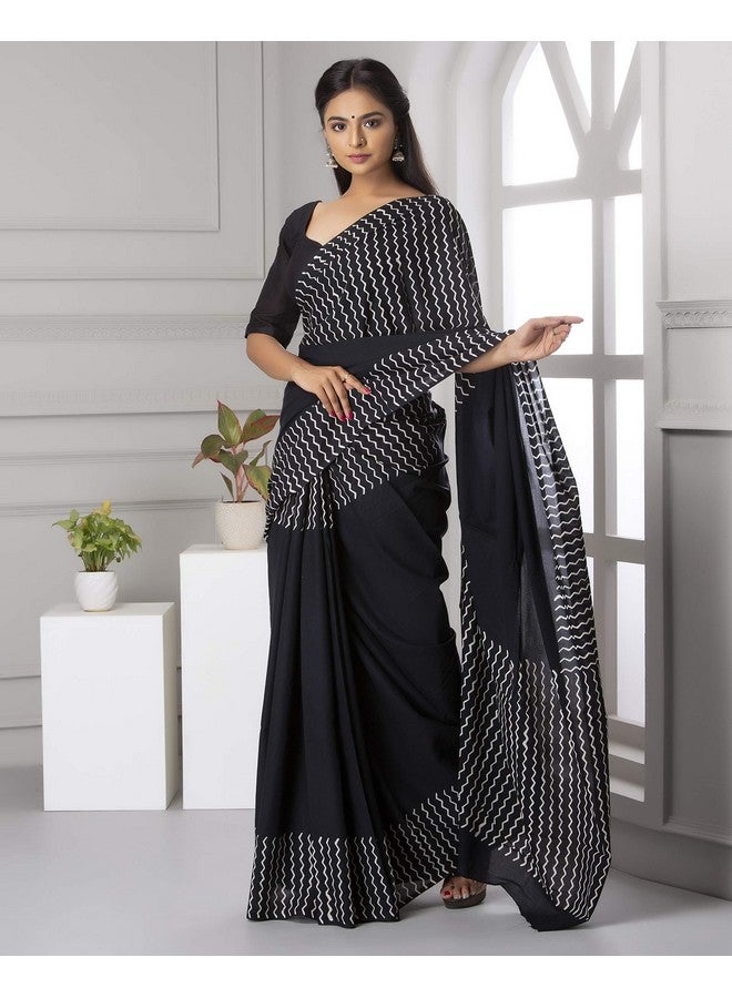 Kiaaron Women's Hand Block Kalamkari Batik Bagru Jaipuri Ikat Printed Handloom Pure Cotton Mulmul Traditional Ethnic Cotton Sarees With Printed Blouse Piece - Black - Image 3