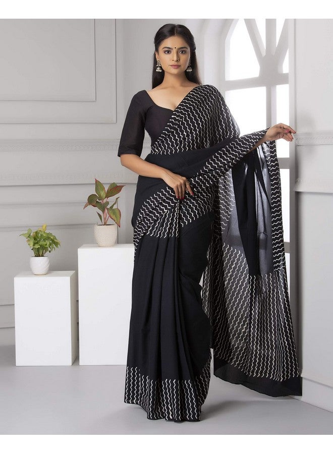 Kiaaron Women's Hand Block Kalamkari Batik Bagru Jaipuri Ikat Printed Handloom Pure Cotton Mulmul Traditional Ethnic Cotton Sarees With Printed Blouse Piece - Black - Image 2