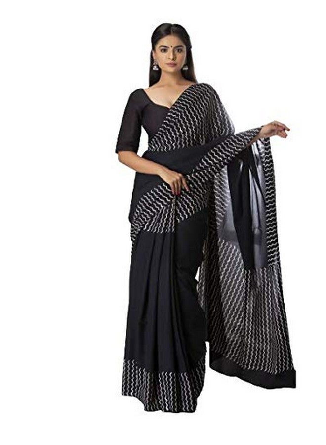 Kiaaron Women's Hand Block Kalamkari Batik Bagru Jaipuri Ikat Printed Handloom Pure Cotton Mulmul Traditional Ethnic Cotton Sarees With Printed Blouse Piece - Black - Image 1