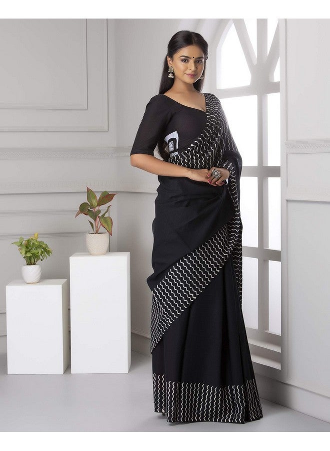 Kiaaron Women's Hand Block Kalamkari Batik Bagru Jaipuri Ikat Printed Handloom Pure Cotton Mulmul Traditional Ethnic Cotton Sarees With Printed Blouse Piece - Black - Image 5