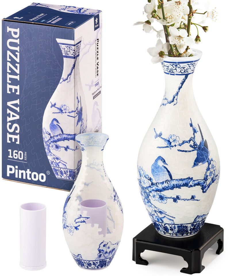 Pintoo 3D Puzzle Vase Unique Flower Vase Made by 160 Curved Plastic Puzzle Pieces House Warming Gift for Flower Arrangements and Home Decoration - [S1025] (Translucent, Magpies on Plum Tree) - Image 1