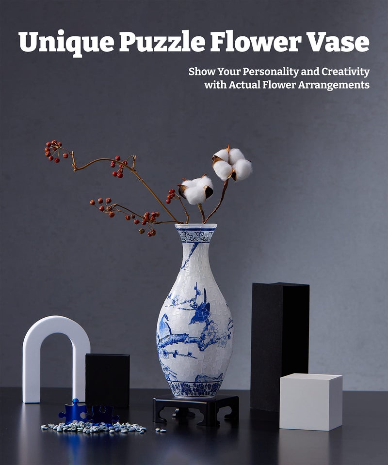 Pintoo 3D Puzzle Vase Unique Flower Vase Made by 160 Curved Plastic Puzzle Pieces House Warming Gift for Flower Arrangements and Home Decoration - [S1025] (Translucent, Magpies on Plum Tree) - Image 2