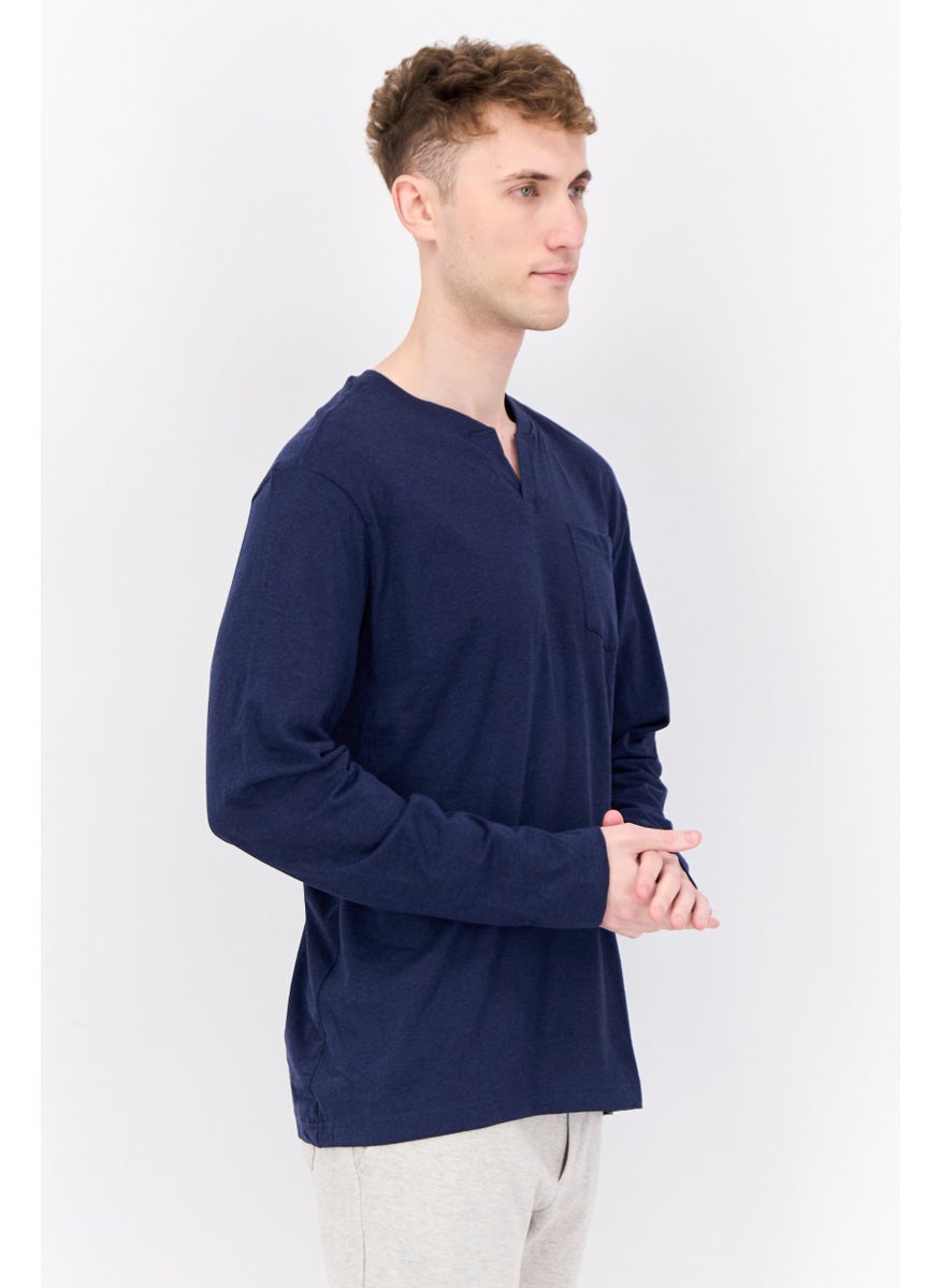 Alexander Julian - Men Split Neck Long Sleeves Heather T-Shirt, Navy - Image 1