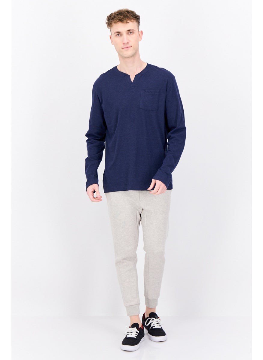 Alexander Julian - Men Split Neck Long Sleeves Heather T-Shirt, Navy - Image 1