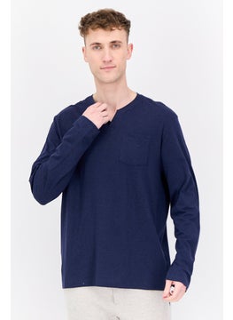 Men Split Neck Long Sleeves Heather T-Shirt, Navy