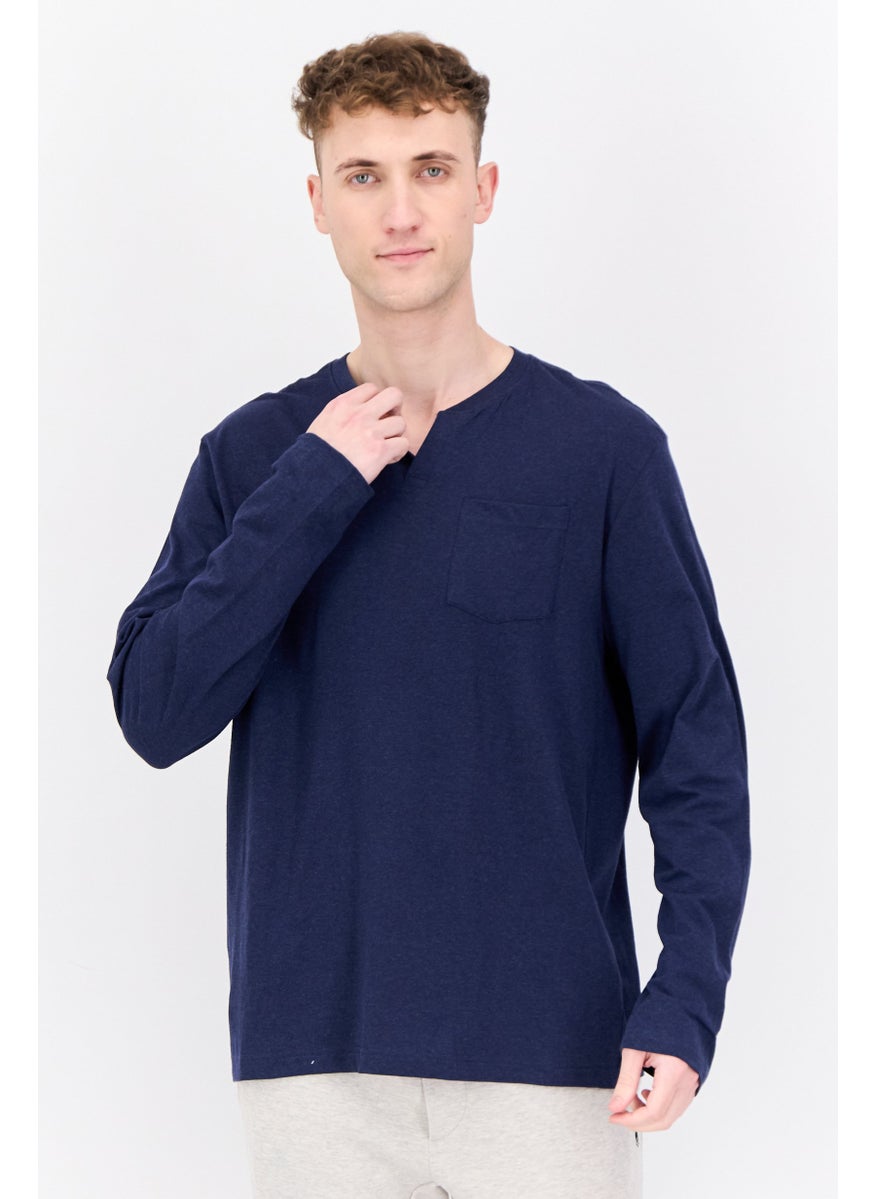 Alexander Julian - Men Split Neck Long Sleeves Heather T-Shirt, Navy - Image 1