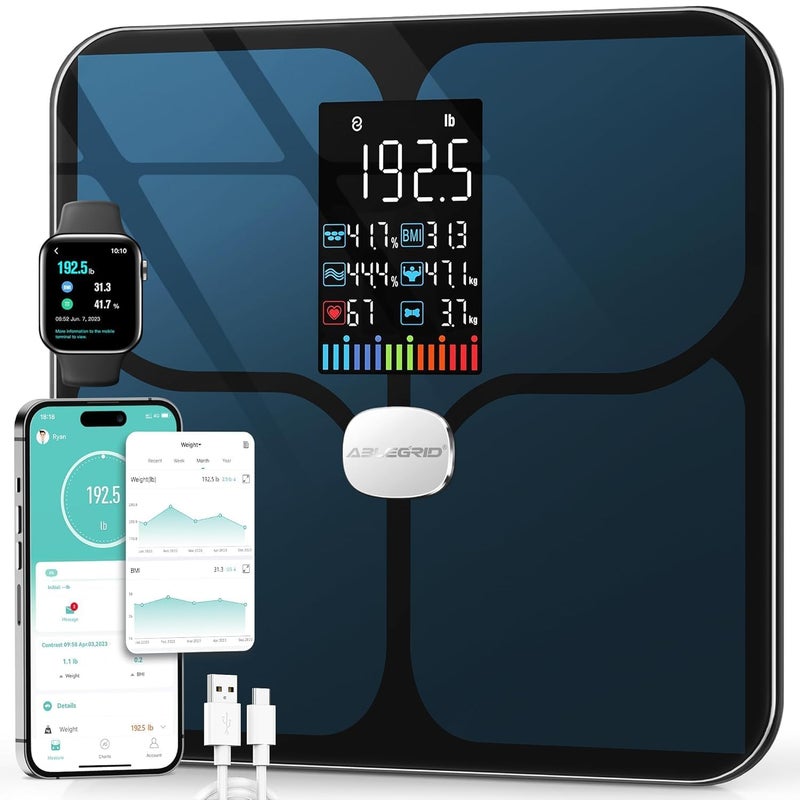 ABLEGRID Body Fat ScaleDigital Smart Bathroom Scale for Body Weight Large Color Display Screen 16 Body Composition Metrics BMI Water Weigh Heart Rate Baby Mode 400lb Rechargeable - Image 3