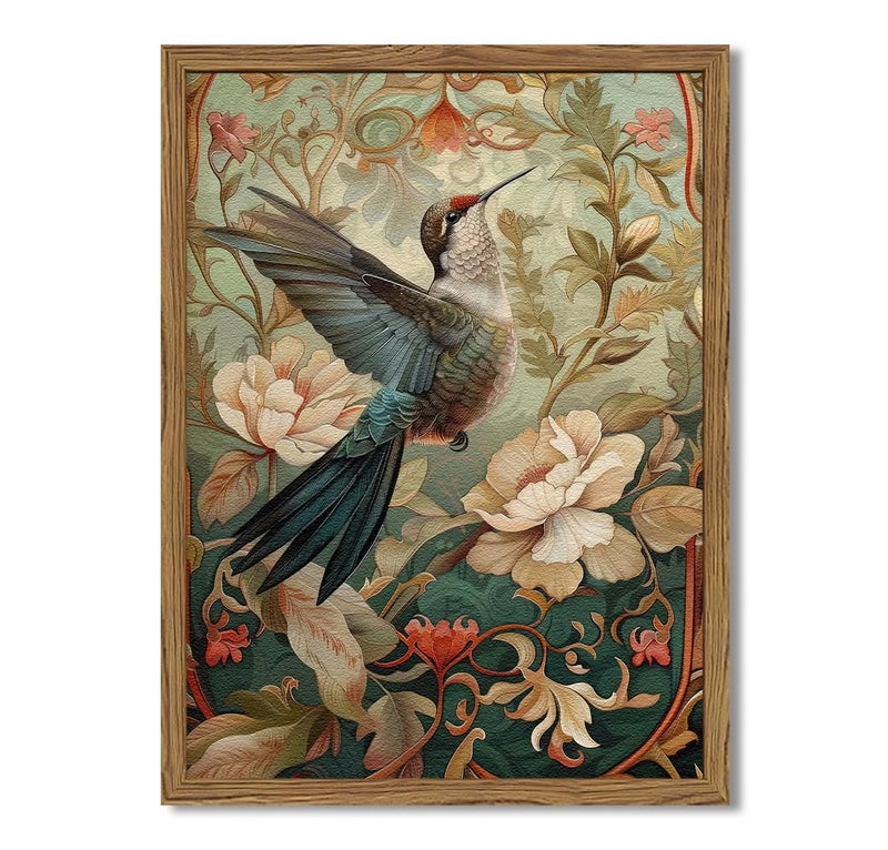 Hwetui Framed Vintage Hummingbird Wall Art Floral Bird Wall Decor Paintings 3D Sandstone Textured Nature Botanical Pictures Prints Aesthetic Home Decor for Living Room Bedroom Bathroom Office 16x24 inch - Image 2