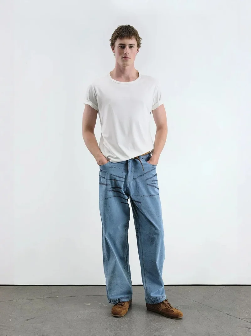 Giesto Maya Blue GIESTO Abstract Wide Leg Denim Jeans for Men | Best Price UAE
