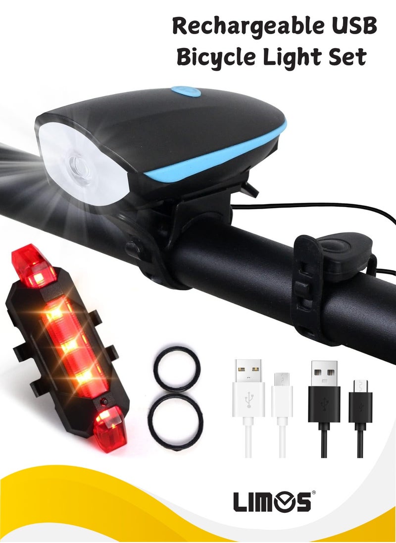 LIMOS Bike Lights, USB Rechargeable Bike Lights Set, Cycle Lights with 4 Modes, IP65 Waterproof Bicycle Lights, 1 Headlight and Taillight, Easy to Fit  - Image 1