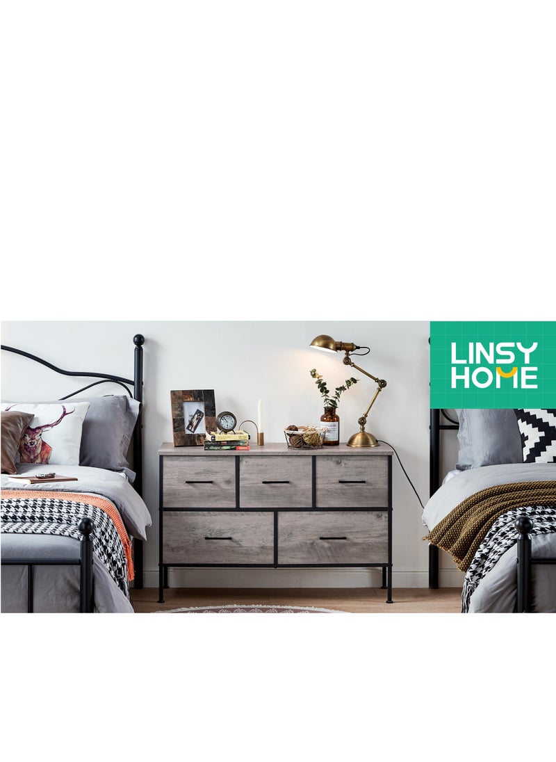 LINSY HOME LINSY - Dresser with 5 Drawers, Organizer of Drawers for Bedroom, Living Room, Nursery, And TV Stand, Sturdy Metal Frame, Easy Pull Handle, Weathered Grey Color, 97.5L, 29.7W, 62.5H cm  - Image 3