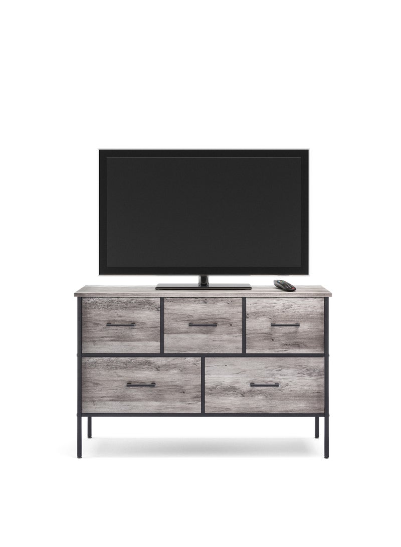 LINSY HOME LINSY - Dresser with 5 Drawers, Organizer of Drawers for Bedroom, Living Room, Nursery, And TV Stand, Sturdy Metal Frame, Easy Pull Handle, Weathered Grey Color, 97.5L, 29.7W, 62.5H cm - Image 3