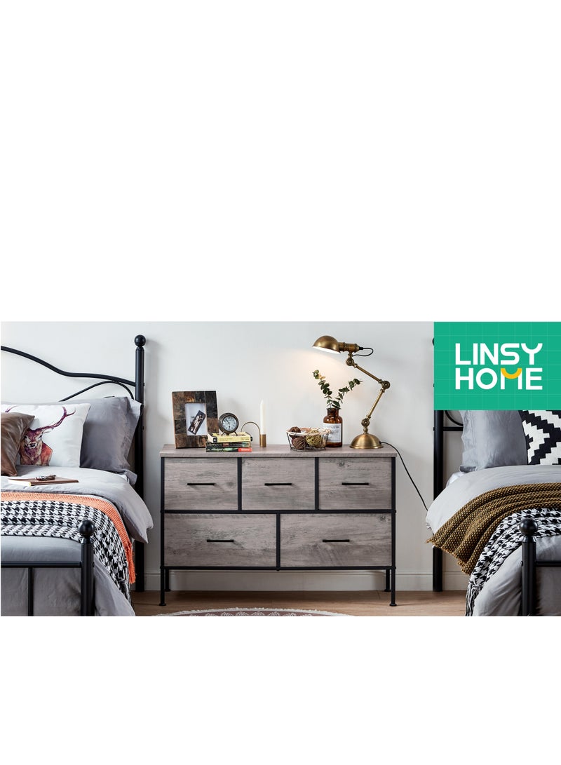 LINSY HOME LINSY - Dresser with 5 Drawers, Organizer of Drawers for Bedroom, Living Room, Nursery, And TV Stand, Sturdy Metal Frame, Easy Pull Handle, Weathered Grey Color, 97.5L, 29.7W, 62.5H cm - Image 4