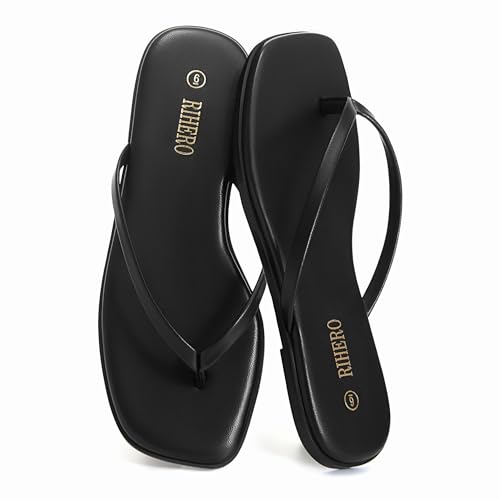 Rihero Black Flip Flops for Women Beach Thong Sandals Summer Comfort Slip On Walking Leather Slide Sandals Size 6.5 - Image 3