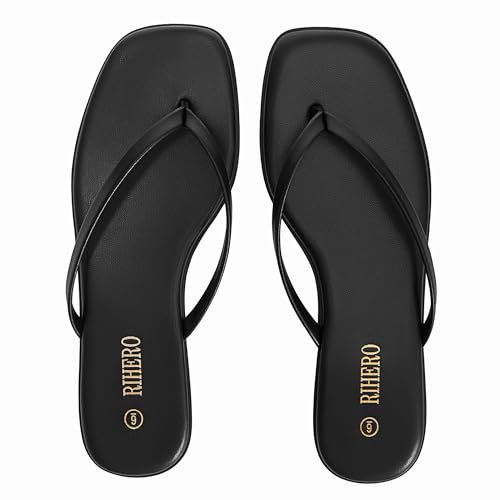 Rihero Black Flip Flops for Women Beach Thong Sandals Summer Comfort Slip On Walking Leather Slide Sandals Size 6.5 - Image 4