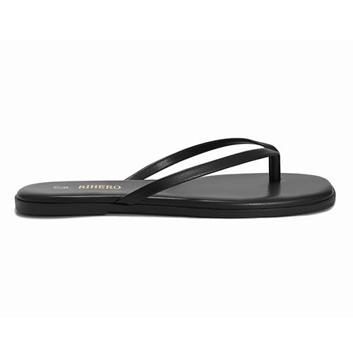 Rihero Black Flip Flops for Women Beach Thong Sandals Summer Comfort Slip On Walking Leather Slide Sandals Size 6.5 - Image 2