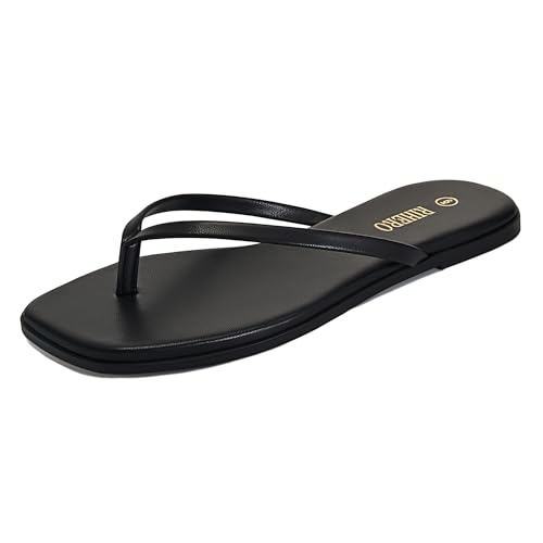 Rihero Black Flip Flops for Women Beach Thong Sandals Summer Comfort Slip On Walking Leather Slide Sandals Size 6.5 - Image 1