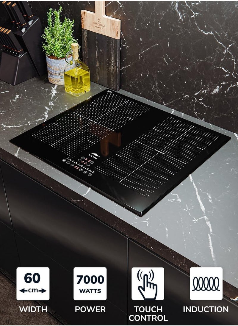 MILLEN Built in Induction hob, 60 cm Black Glass, 4 Heating Zones, 7000W, Combination zone, MIH 602 BL, 3 Year Warranty