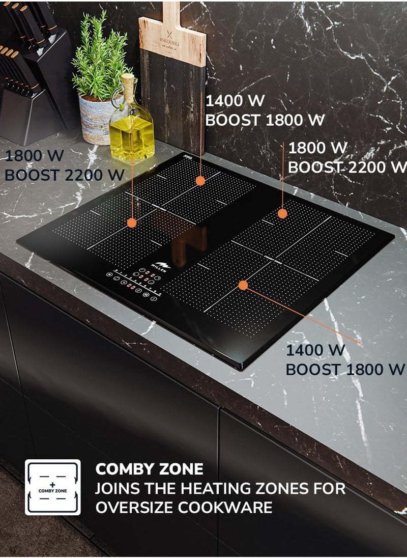 MILLEN Built in Induction hob, 60 cm Black Glass, 4 Heating Zones, 7000W, Combination zone, MIH 602 BL, 3 Year Warranty