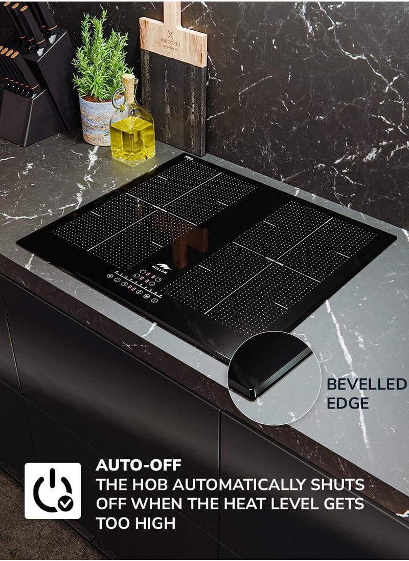 MILLEN Built in Induction hob, 60 cm Black Glass, 4 Heating Zones, 7000W, Combination zone, MIH 602 BL, 3 Year Warranty