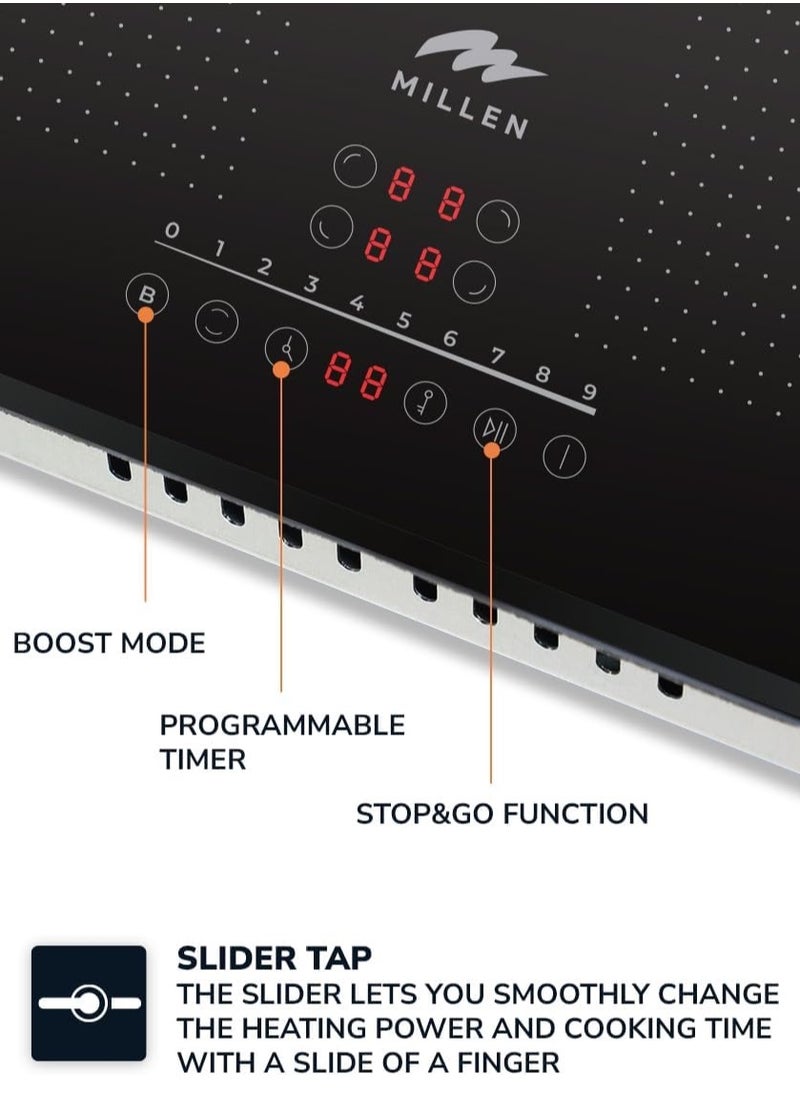 MILLEN Built in Induction hob, 60 cm Black Glass, 4 Heating Zones, 7000W, Combination zone, MIH 602 BL, 3 Year Warranty