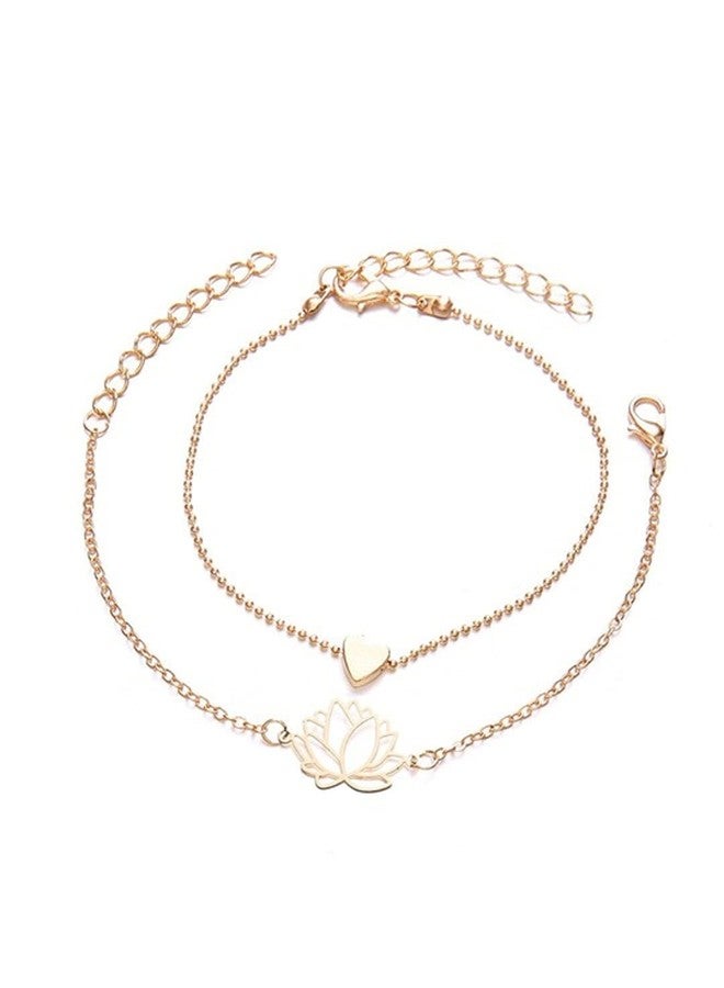 OOMPHelicious Jewellery Combo of 2 Gold Tone Lotus & Heart Anklet for Women & Girls - Image 3