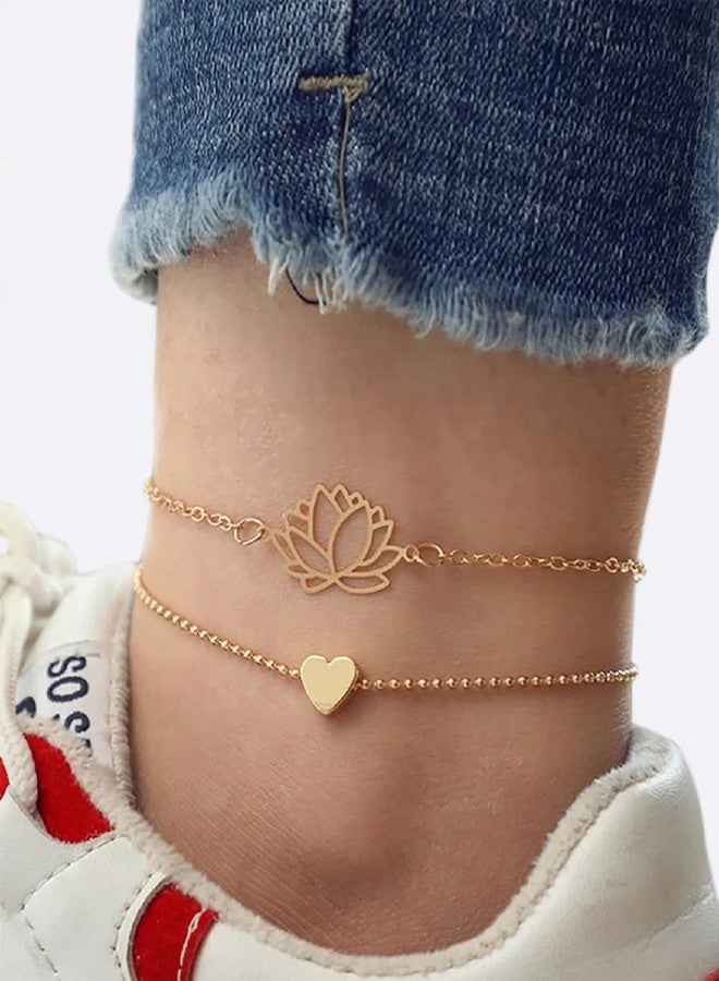 OOMPHelicious Jewellery Combo of 2 Gold Tone Lotus & Heart Anklet for Women & Girls - Image 2