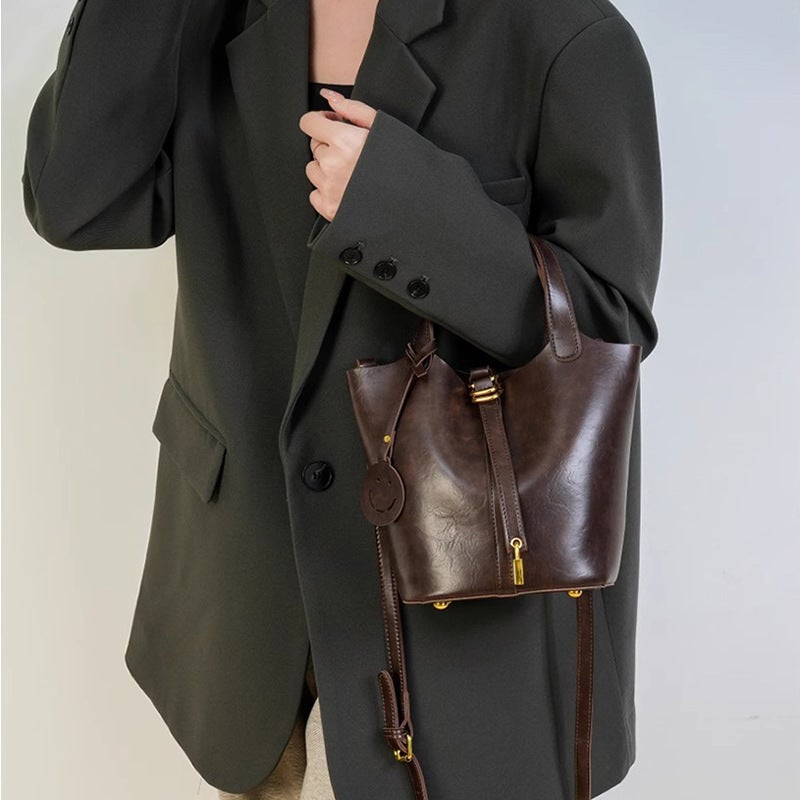 Retro Large Capacity Double Bucket Bag Women'S High-Quality Handbag Commuting Casual Shoulder Crossbody Bag - Image 2