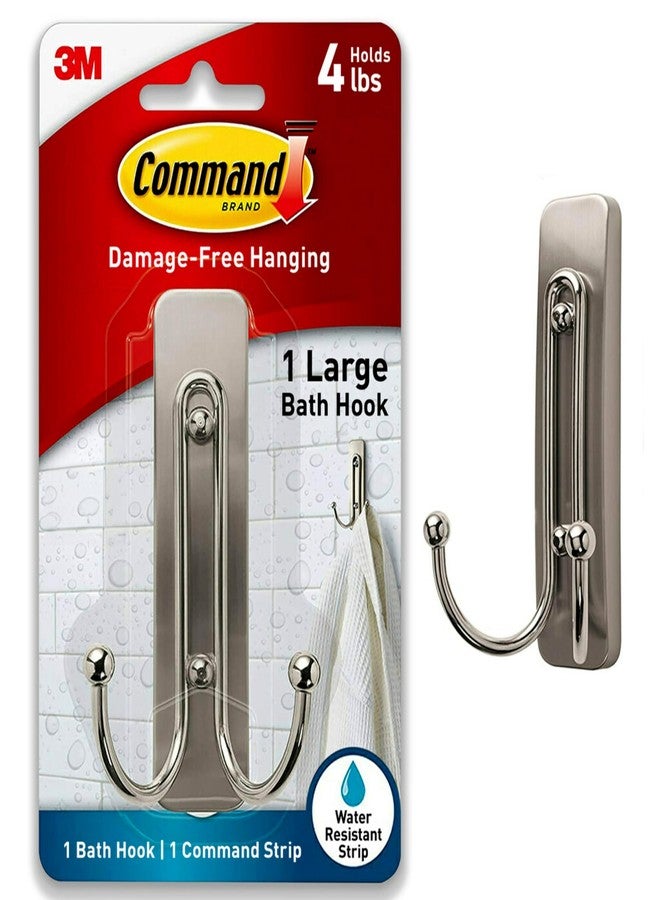 Command Large Double Bathroom Wall Hook, Damage Free Hanging Bath Hook with Adhesive Strip, Double Hook for Hanging Bath Towels, 1 Satin Nickel Colored Wall Hook and 1 Water-Resistant Command Strip - Image 1