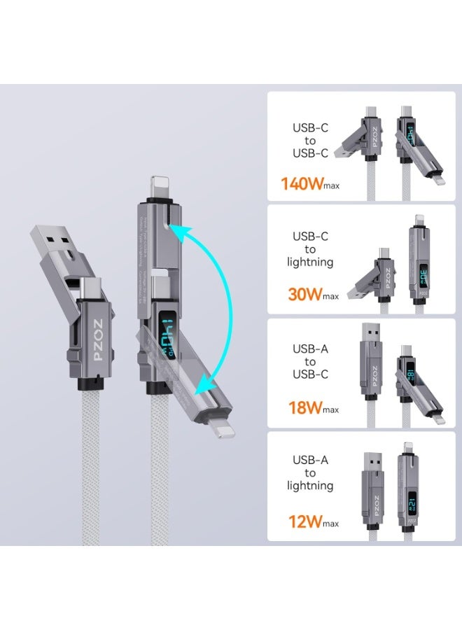 PZOZ USB C to Lightning Cable 1.5M, 140W 4 in 1 Multi Charging Cable, Type C Cable with LED Display, Fast Charging Cord for iPhone 16 15 Pro Max iPad MacBook Samsung and More - Image 4