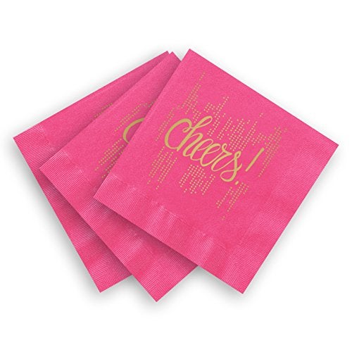 Canopy Street Bubbly Cheers Cocktail Napkins / 25 Hot Pink 3 Ply Paper Coined Beverage Napkins With Gold Foil/Folded 4 3/4" x 4 3/4" Magenta Napkins/Made In The USA - Image 2