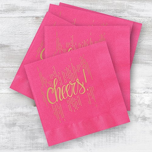Canopy Street Bubbly Cheers Cocktail Napkins / 25 Hot Pink 3 Ply Paper Coined Beverage Napkins With Gold Foil/Folded 4 3/4" x 4 3/4" Magenta Napkins/Made In The USA - Image 5