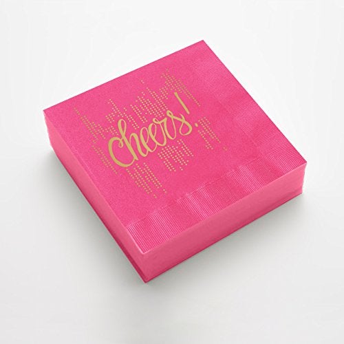 Canopy Street Bubbly Cheers Cocktail Napkins / 25 Hot Pink 3 Ply Paper Coined Beverage Napkins With Gold Foil/Folded 4 3/4" x 4 3/4" Magenta Napkins/Made In The USA - Image 3